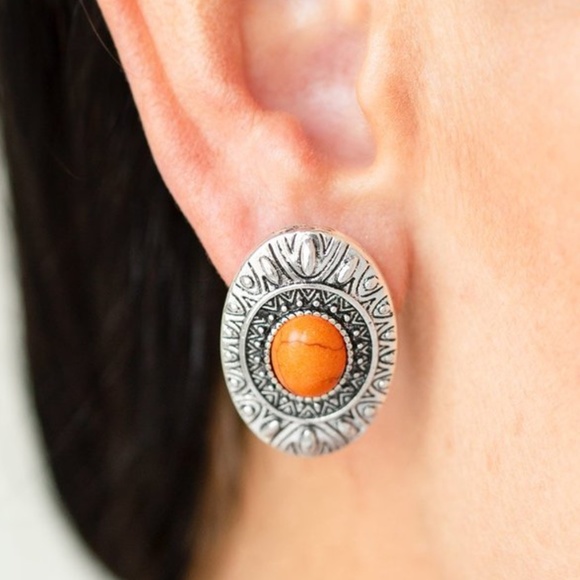 Orange Stone Tiki Tribal Inspired Post Earrings - Picture 2 of 2